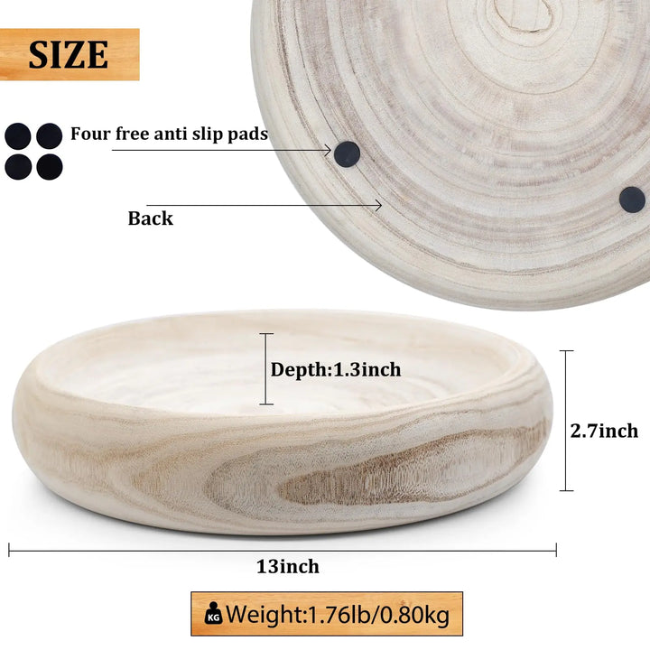 SAMGUYUE Wooden Decorative Bowls, 13 Inch Round Paulownia Wood Centerpiece Bowls for Home Decor, Natural Fruit Bowl for Coffee Table, Key Tray for Entryway Moss Holder (Wooden)