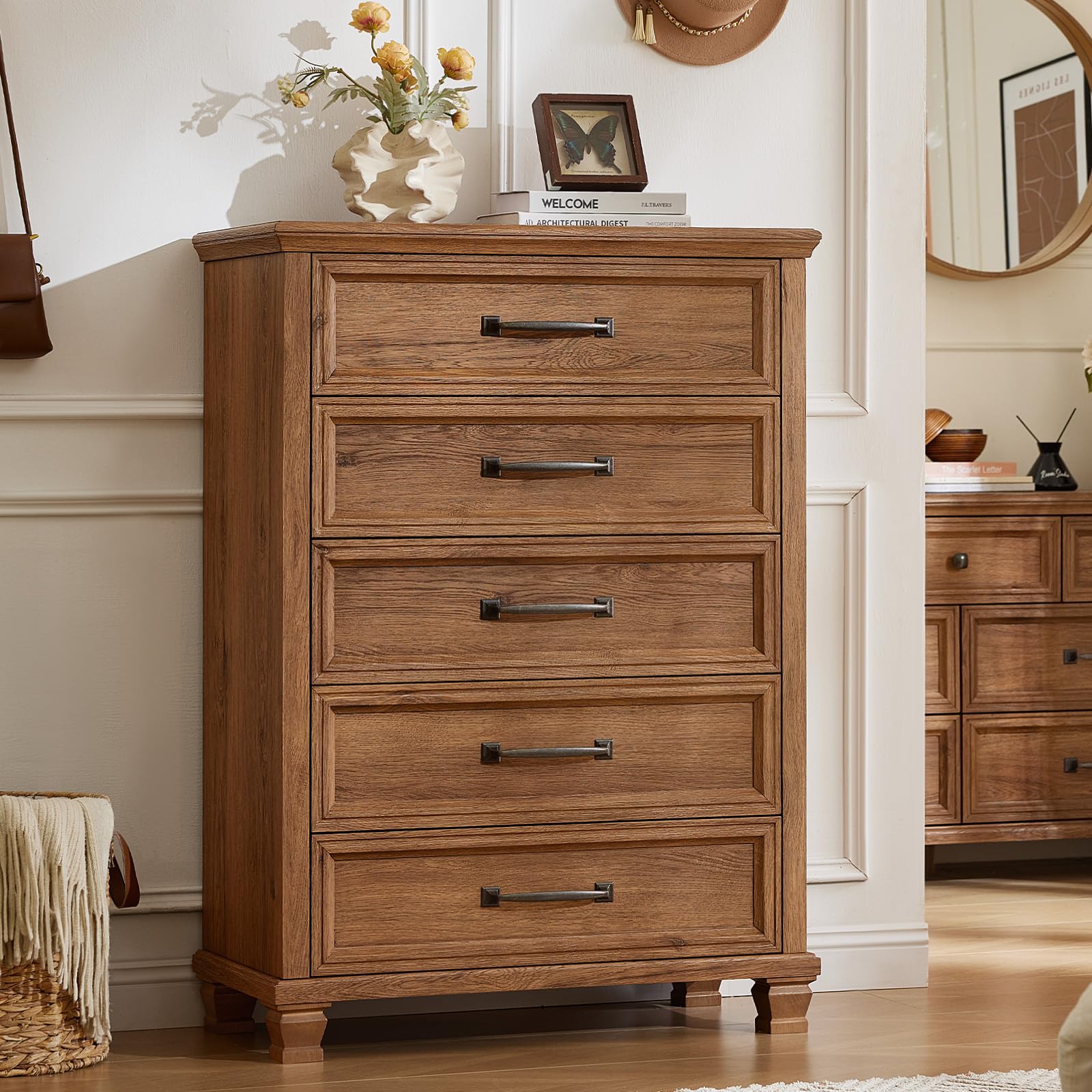 SAVOR LIFE Farmhouse 5 Drawer Dresser for Bedroom, Brown 