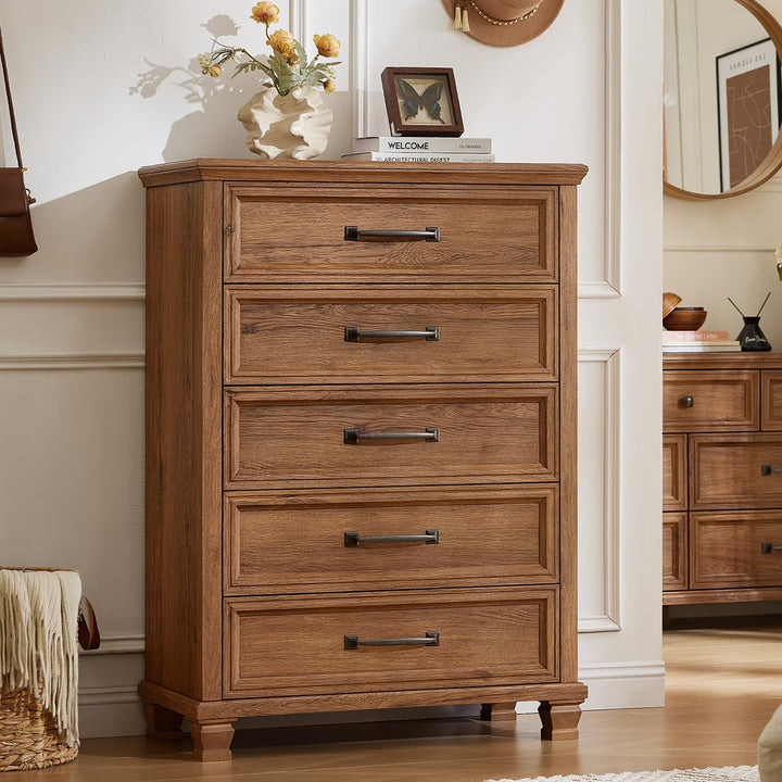 SAVOR LIFE Farmhouse 5 Drawer Dresser for Bedroom, Brown 
