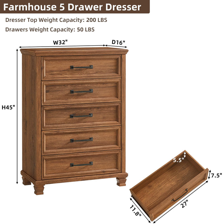 SAVOR LIFE Farmhouse 5 Drawer Dresser for Bedroom, Brown 