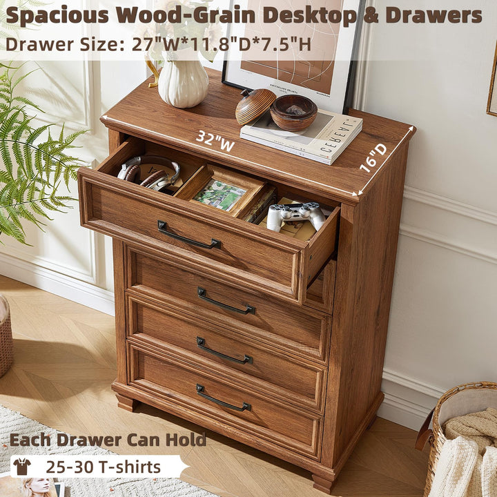SAVOR LIFE Farmhouse 5 Drawer Dresser for Bedroom, Brown 