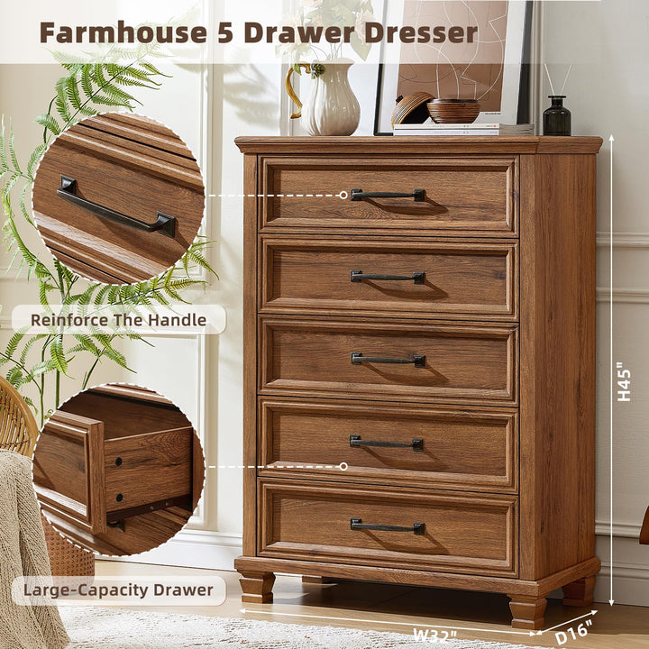 SAVOR LIFE Farmhouse 5 Drawer Dresser for Bedroom, Brown 