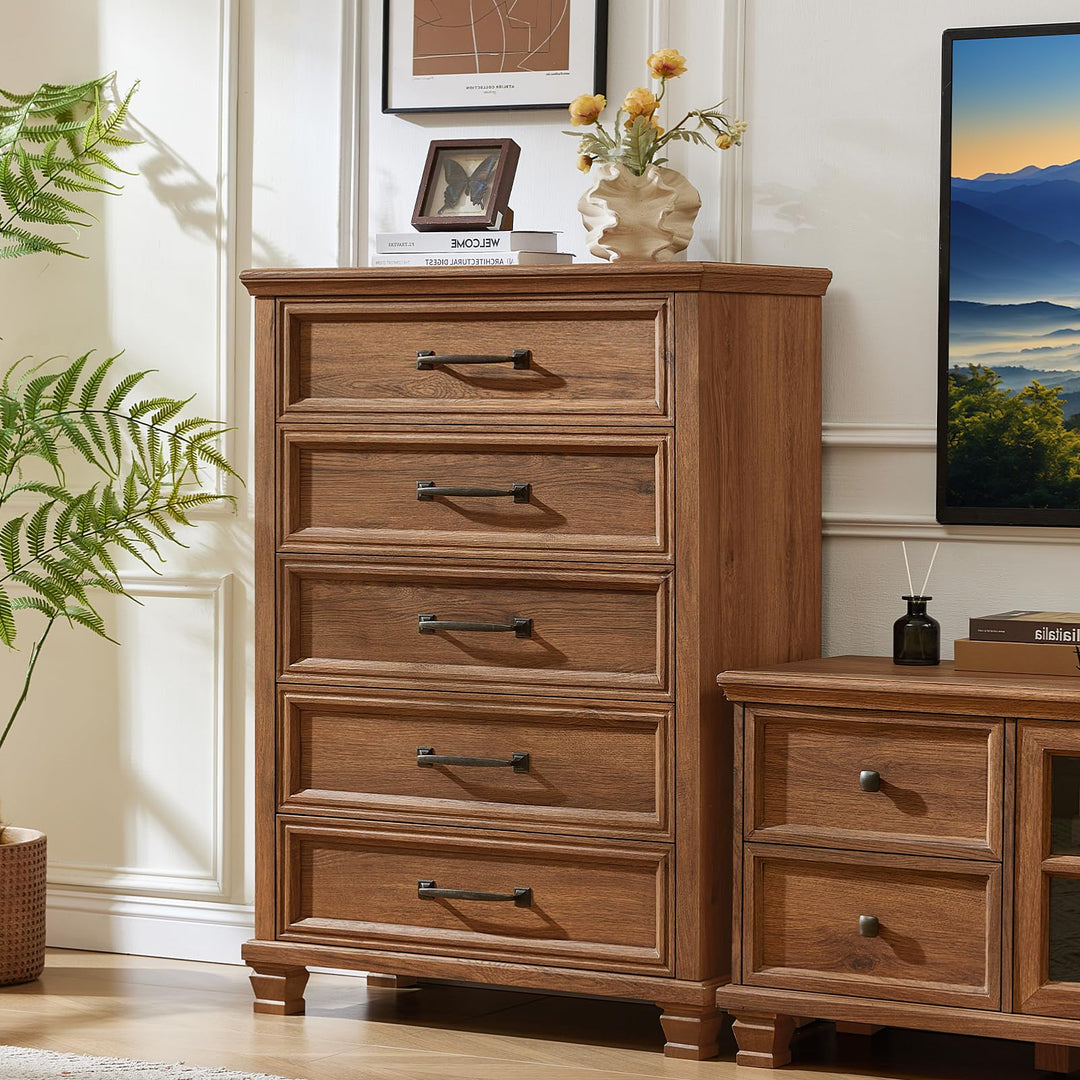 SAVOR LIFE Farmhouse 5 Drawer Dresser for Bedroom, Brown 