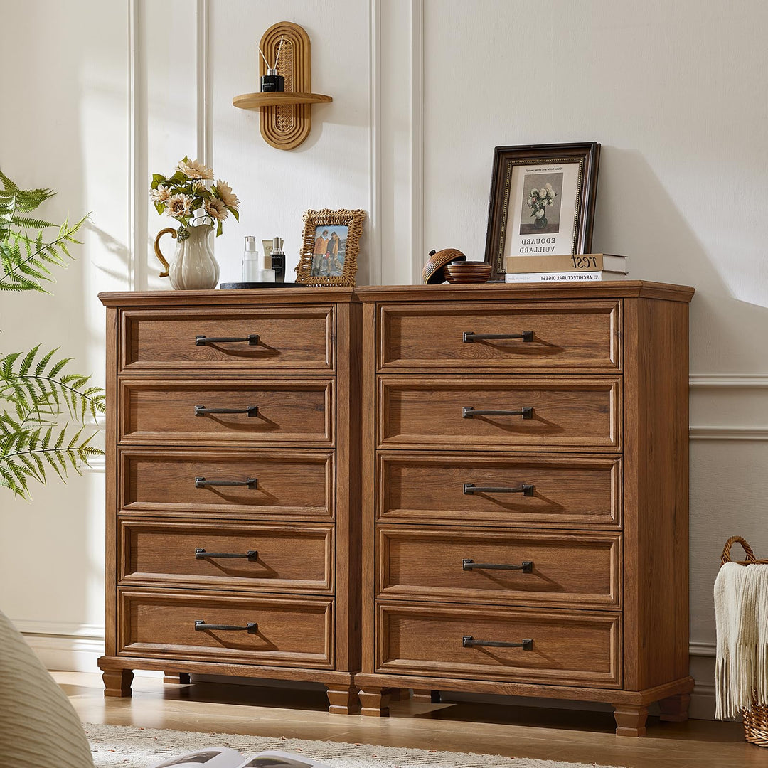SAVOR LIFE Farmhouse 5 Drawer Dresser for Bedroom, Brown 