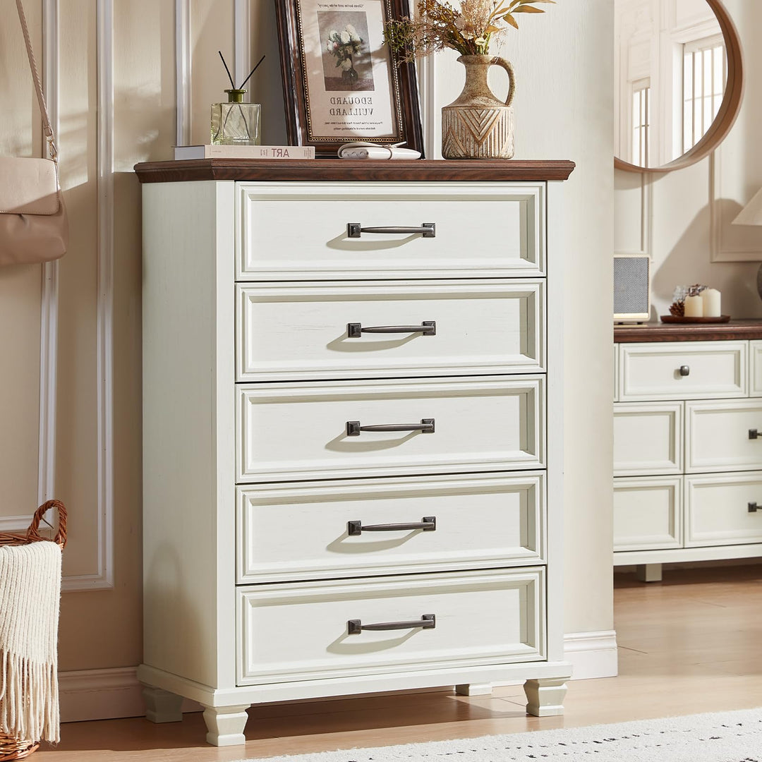 SAVOR LIFE Farmhouse 5 Drawer Dresser for Bedroom, White 