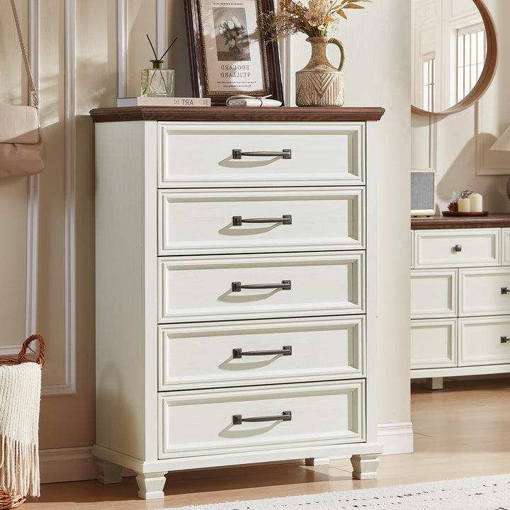 SAVOR LIFE Farmhouse 5 Drawer Dresser for Bedroom, White 