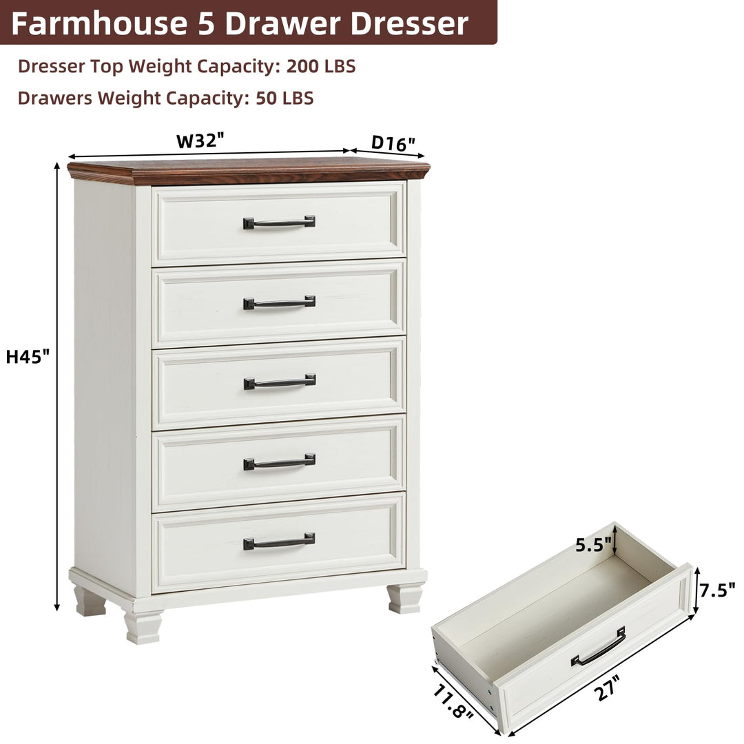 SAVOR LIFE Farmhouse 5 Drawer Dresser for Bedroom, White 