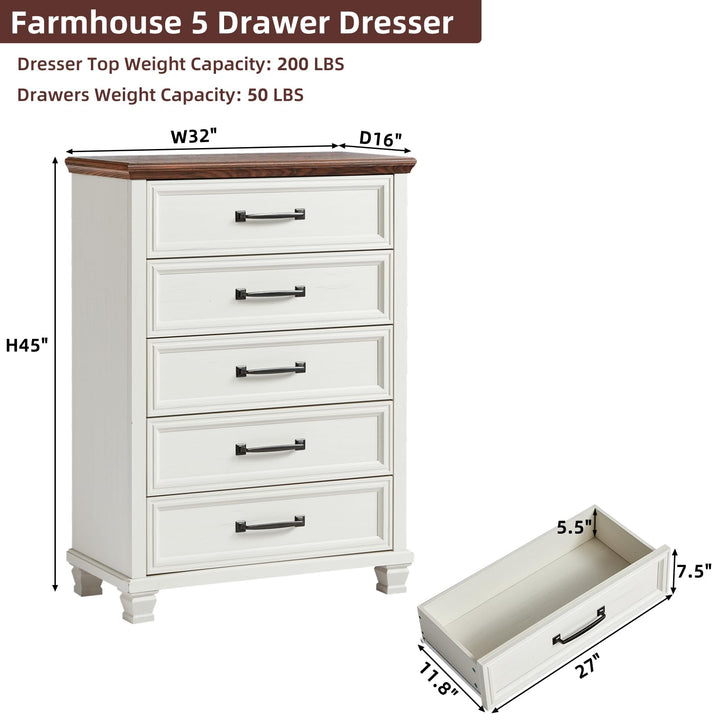 SAVOR LIFE Farmhouse 5 Drawer Dresser for Bedroom, White 