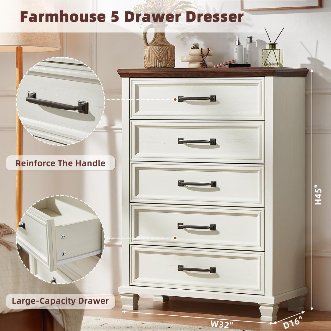 SAVOR LIFE Farmhouse 5 Drawer Dresser for Bedroom, White 