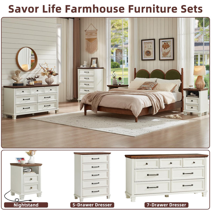 SAVOR LIFE Farmhouse 5 Drawer Dresser for Bedroom, White 