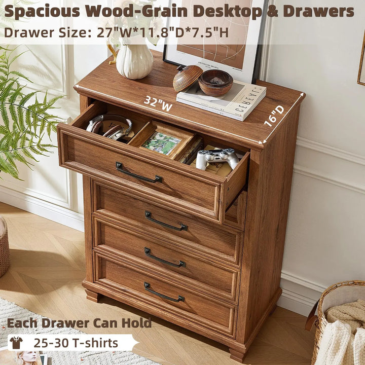SAVOR LIFE Farmhouse 5 Drawer Dresser for Bedroom, Brown 
