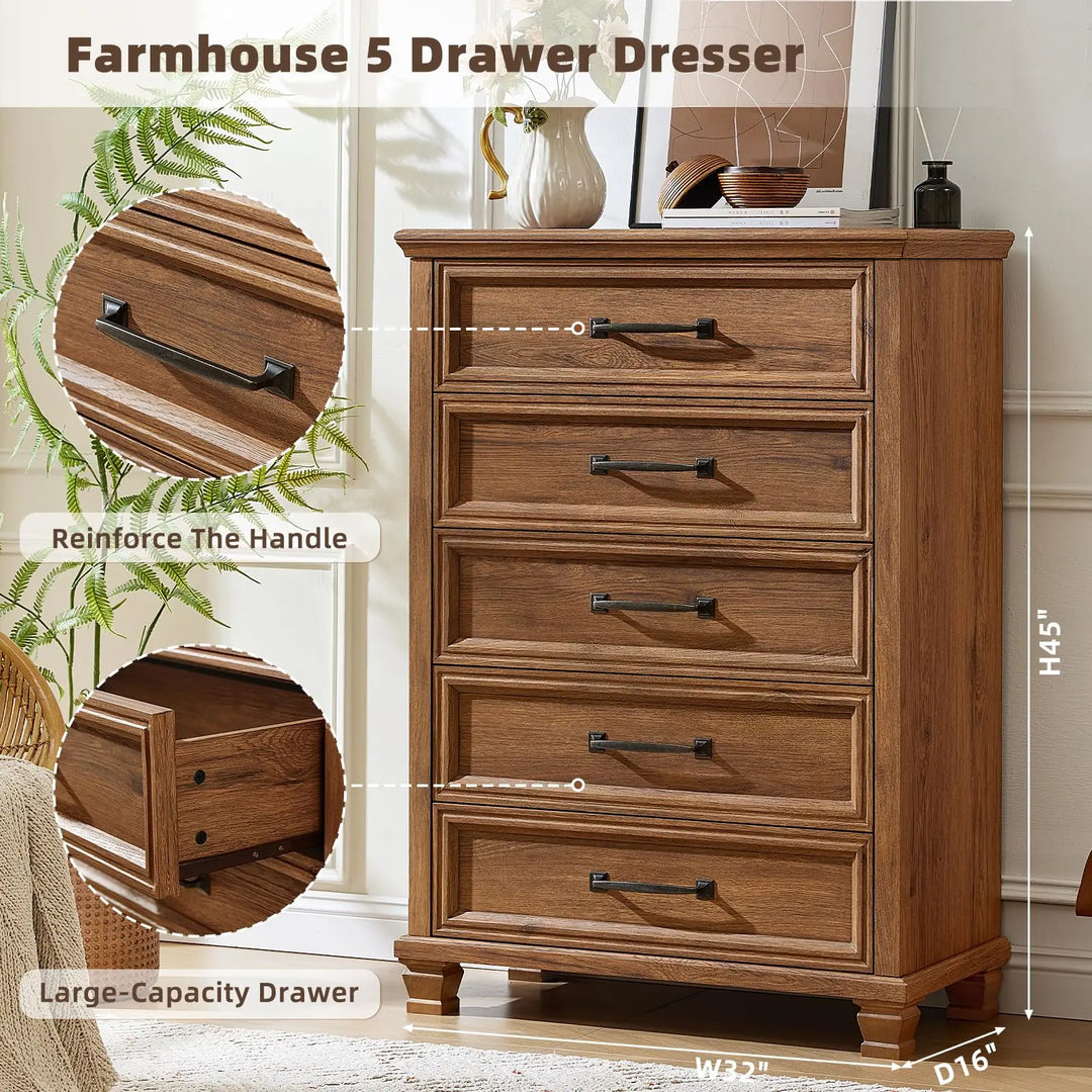 SAVOR LIFE Farmhouse 5 Drawer Dresser for Bedroom, Brown 