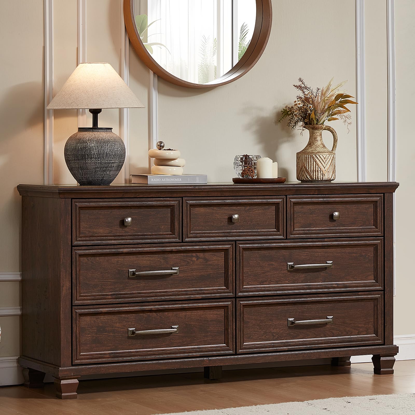 SAVOR LIFE Farmhouse 7 Drawer Dresser for Bedroom, Walnut 