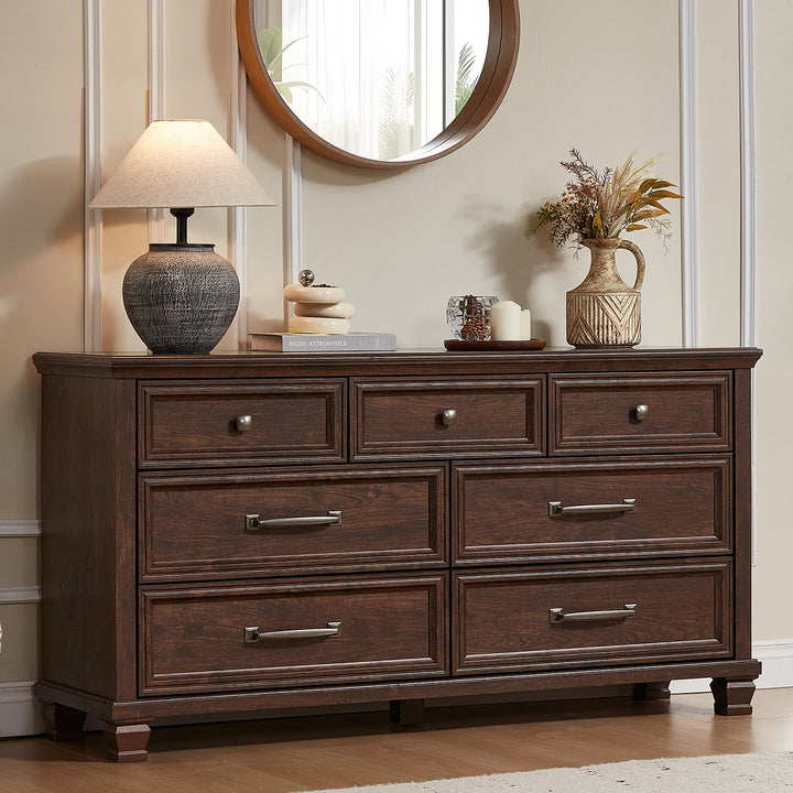 SAVOR LIFE Farmhouse 7 Drawer Dresser for Bedroom, Walnut 