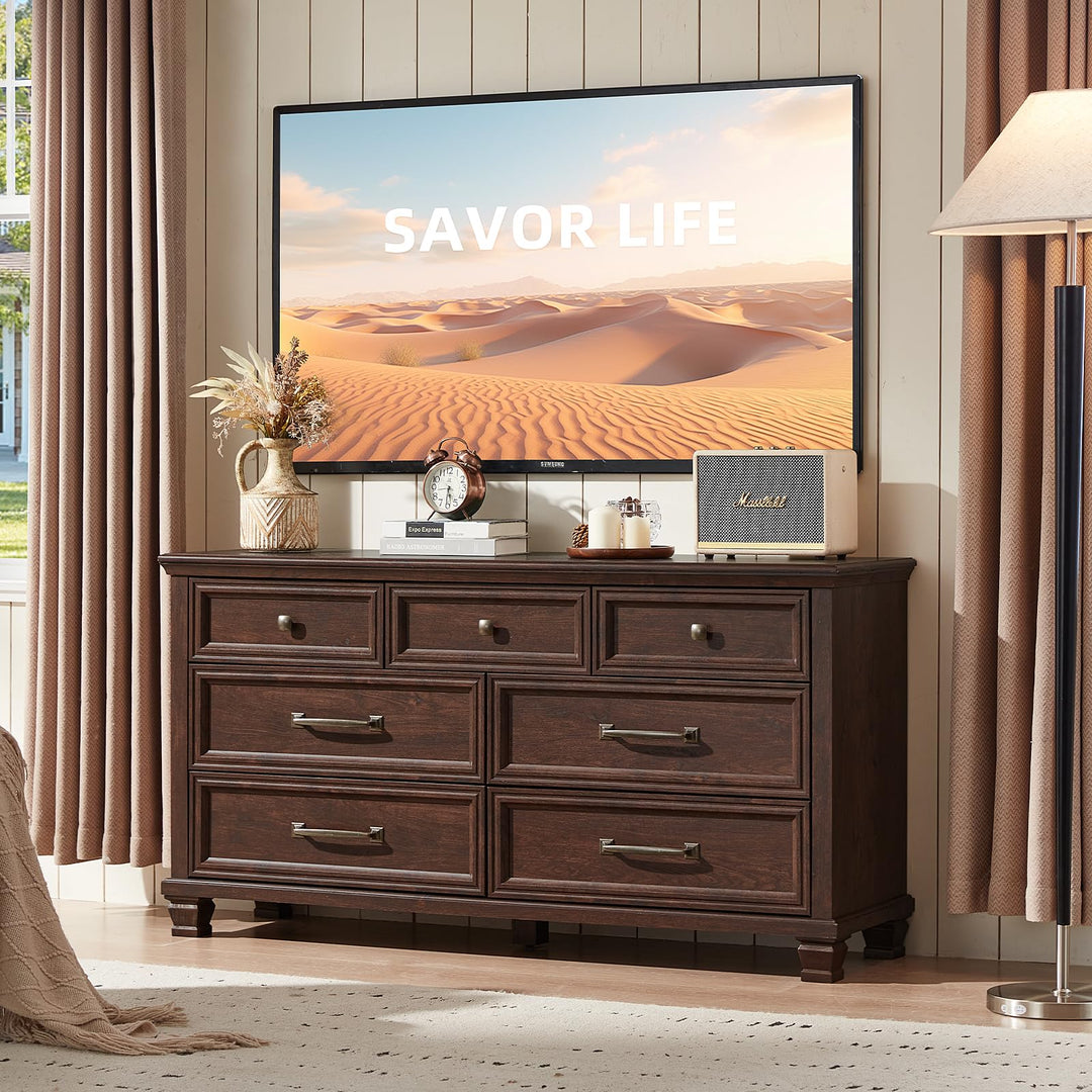 SAVOR LIFE Farmhouse 7 Drawer Dresser for Bedroom, Walnut 