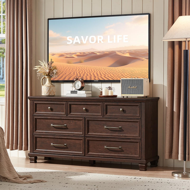 SAVOR LIFE Farmhouse 7 Drawer Dresser for Bedroom, Walnut 