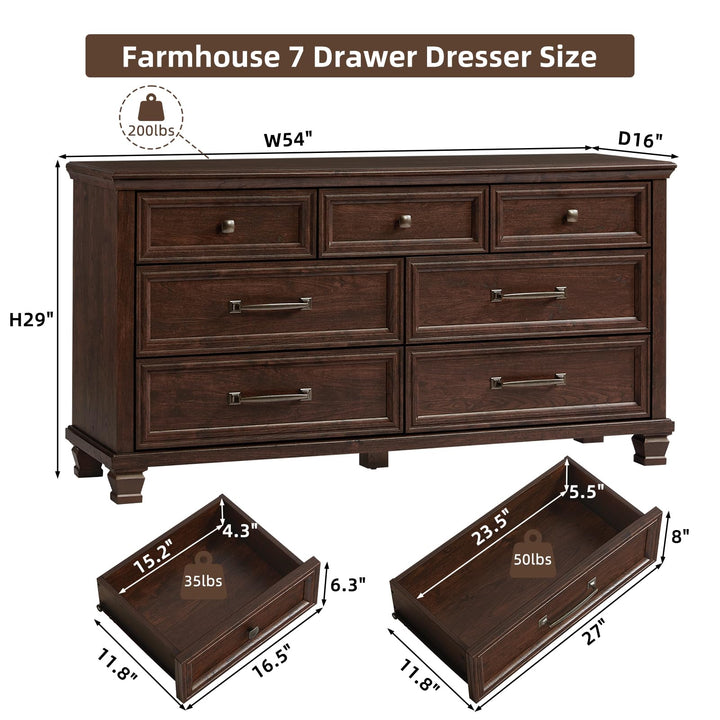 SAVOR LIFE Farmhouse 7 Drawer Dresser for Bedroom, Walnut 