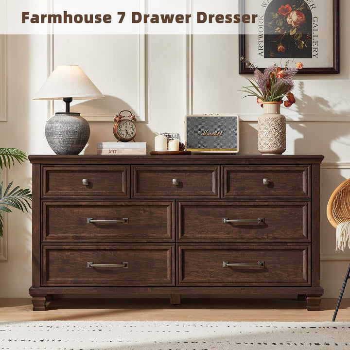 SAVOR LIFE Farmhouse 7 Drawer Dresser for Bedroom, Walnut 