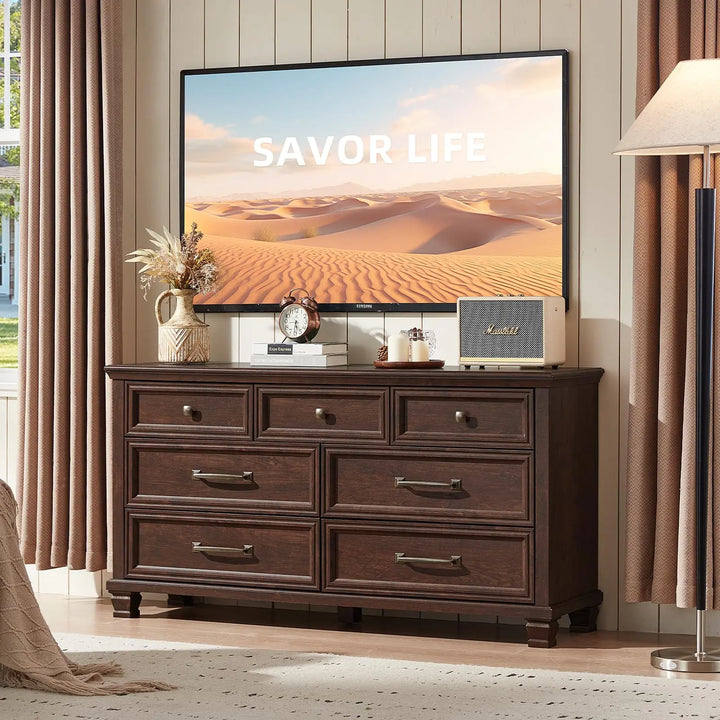 SAVOR LIFE Farmhouse 7 Drawer Dresser for Bedroom, Walnut 