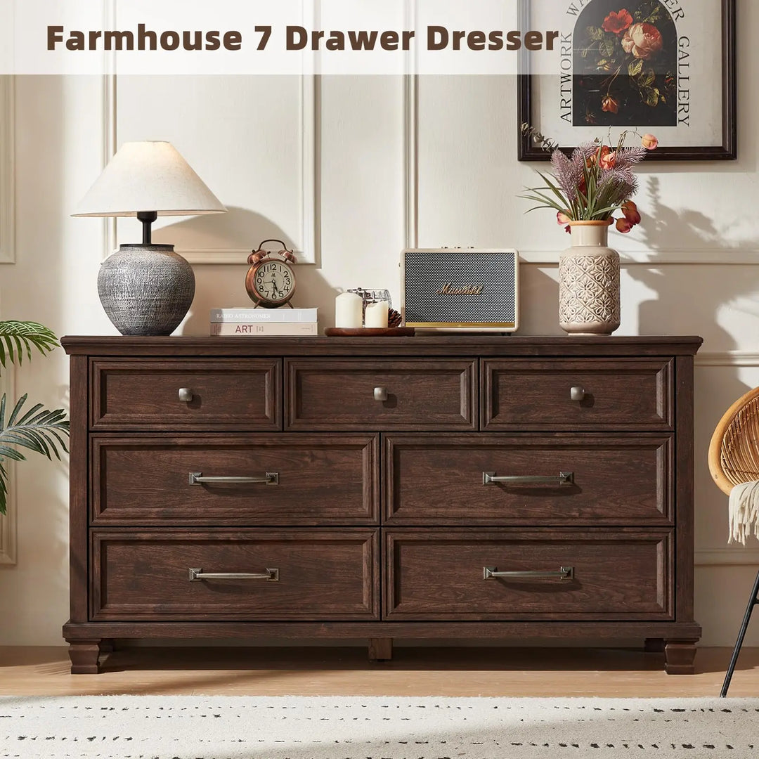 SAVOR LIFE Farmhouse 7 Drawer Dresser for Bedroom, Walnut 