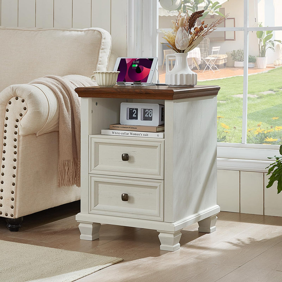SAVOR LIFE Farmhouse Side Table with Charging Station, White 