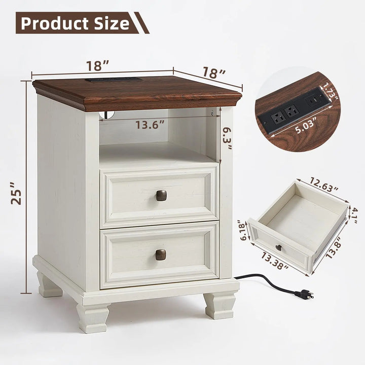 SAVOR LIFE Farmhouse Side Table with Charging Station, White 