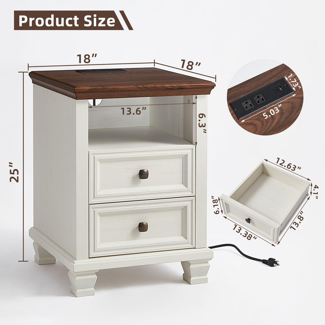 SAVOR LIFE Farmhouse Side Table with Charging Station, White 