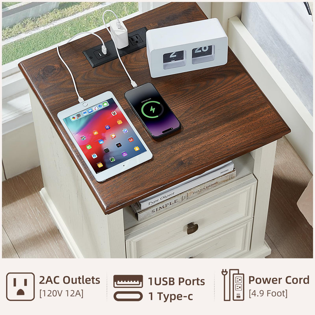 SAVOR LIFE Farmhouse Side Table with Charging Station, White 