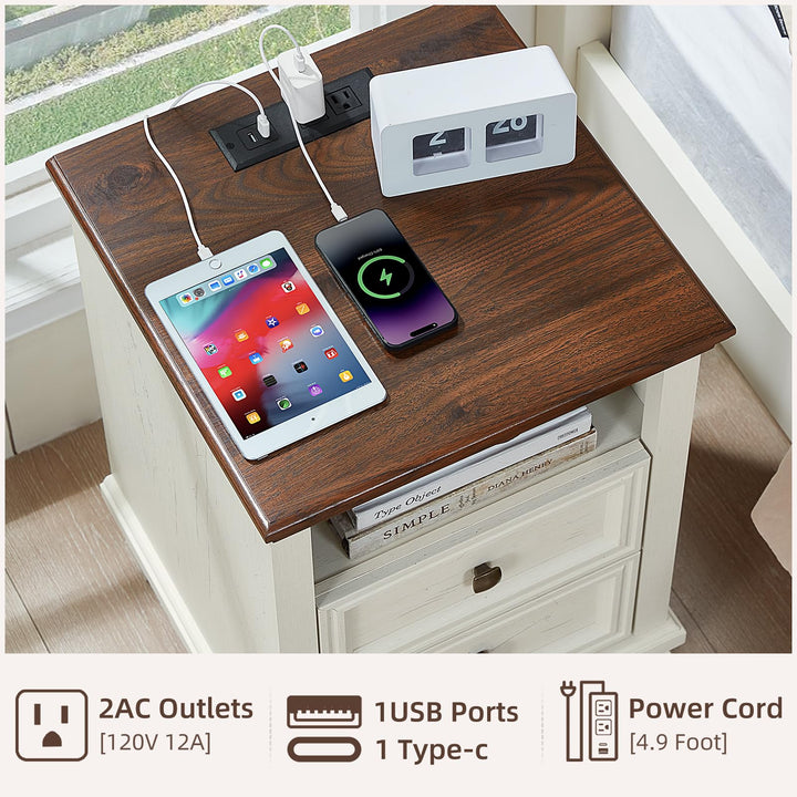 SAVOR LIFE Farmhouse Side Table with Charging Station, White 