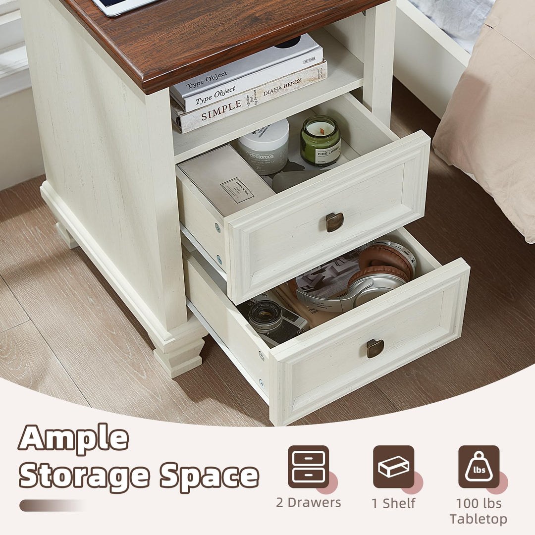 SAVOR LIFE Farmhouse Side Table with Charging Station, White 