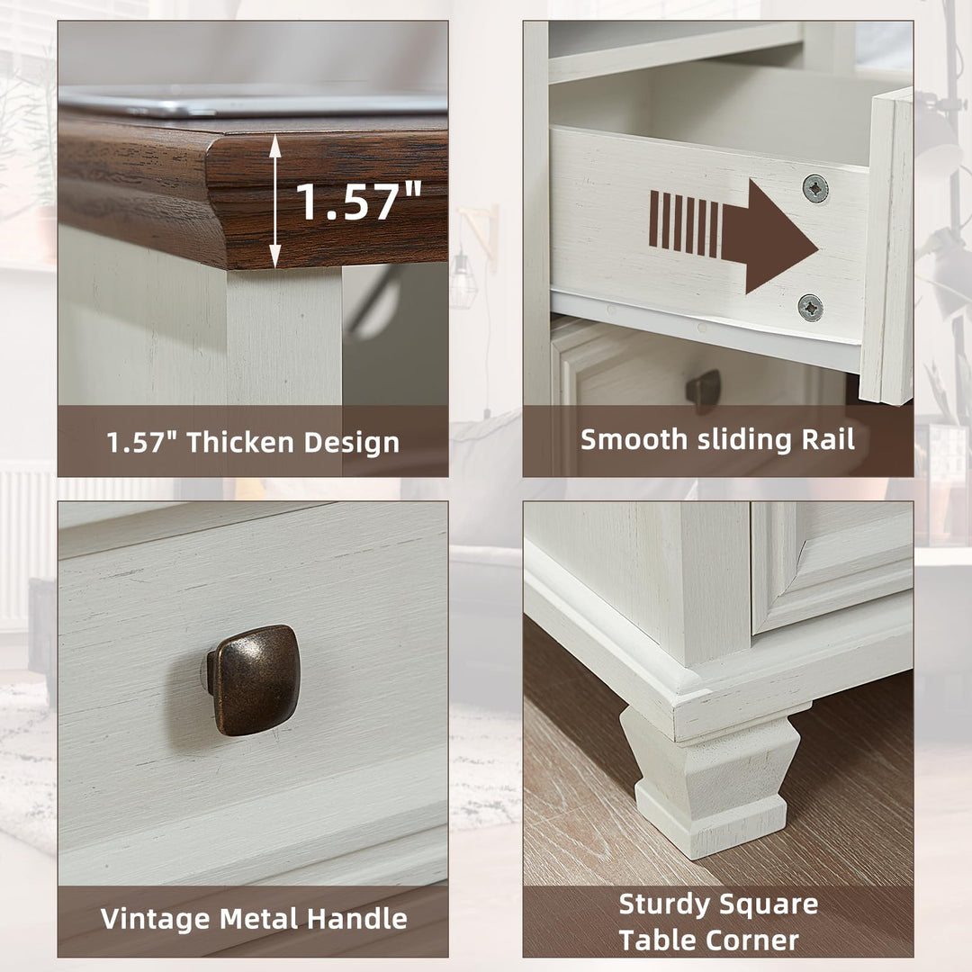 SAVOR LIFE Farmhouse Side Table with Charging Station, White 