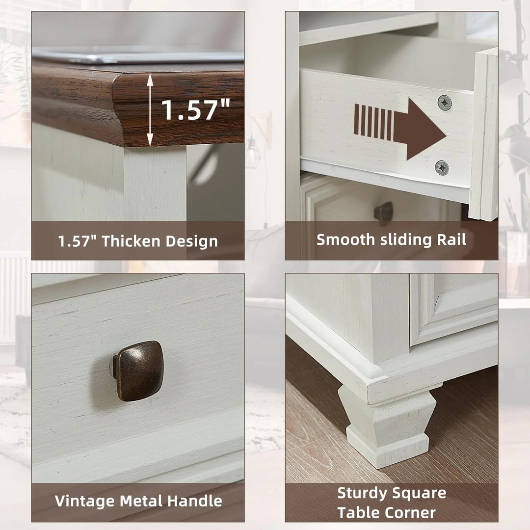 SAVOR LIFE Farmhouse Side Table with Charging Station, White 