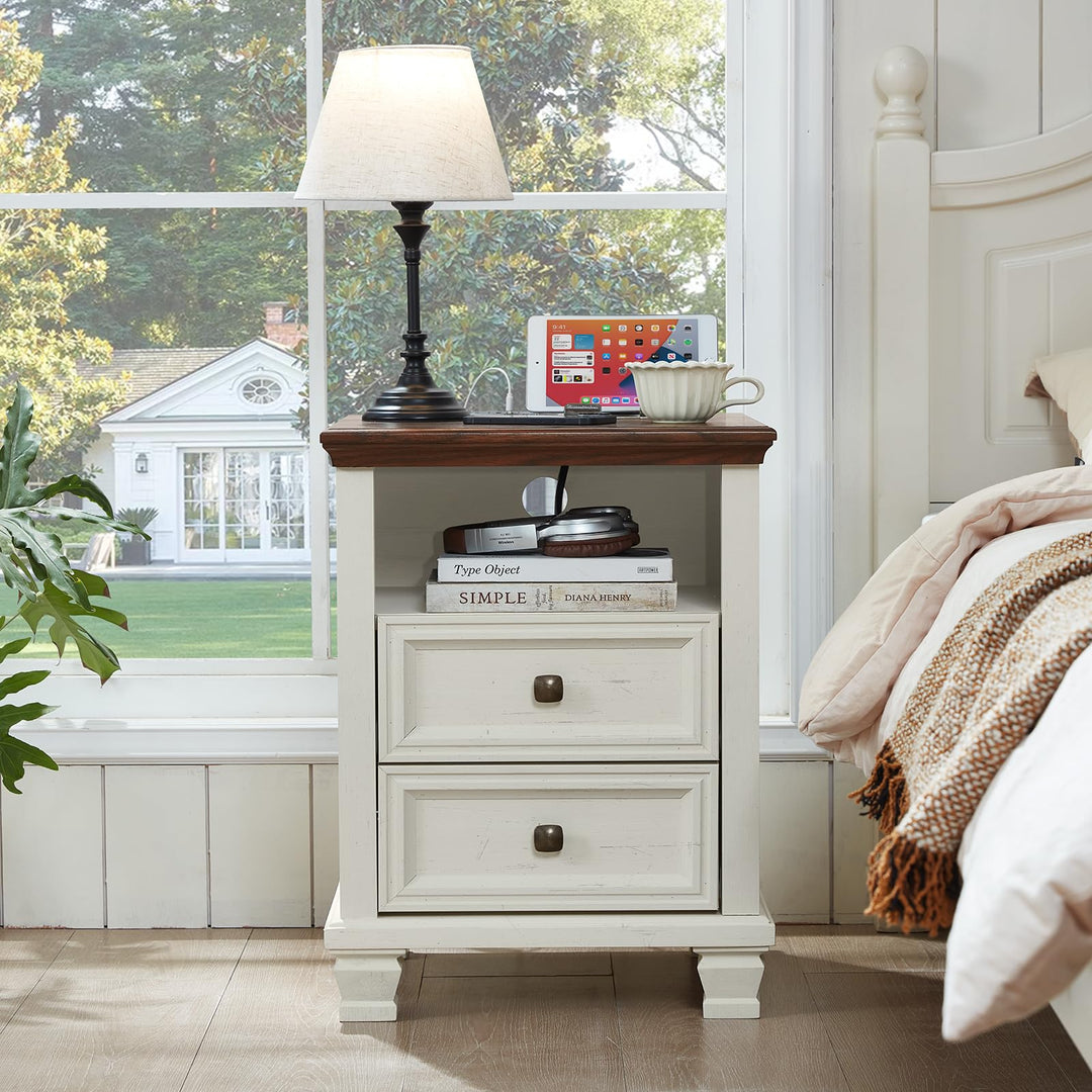 SAVOR LIFE Farmhouse Side Table with Charging Station, White 