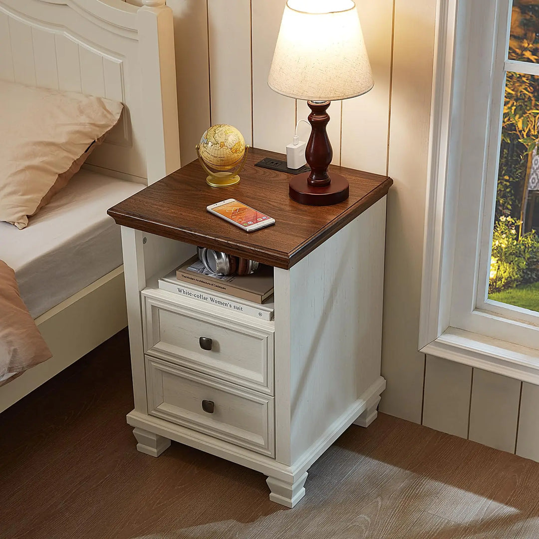 SAVOR LIFE Farmhouse Side Table with Charging Station, White 