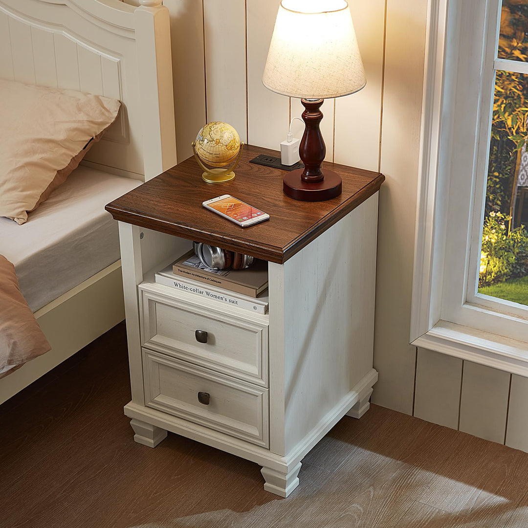 SAVOR LIFE Farmhouse Side Table with Charging Station, White 