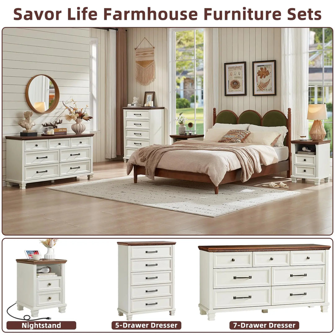 SAVOR LIFE Farmhouse Side Table with Charging Station, White 