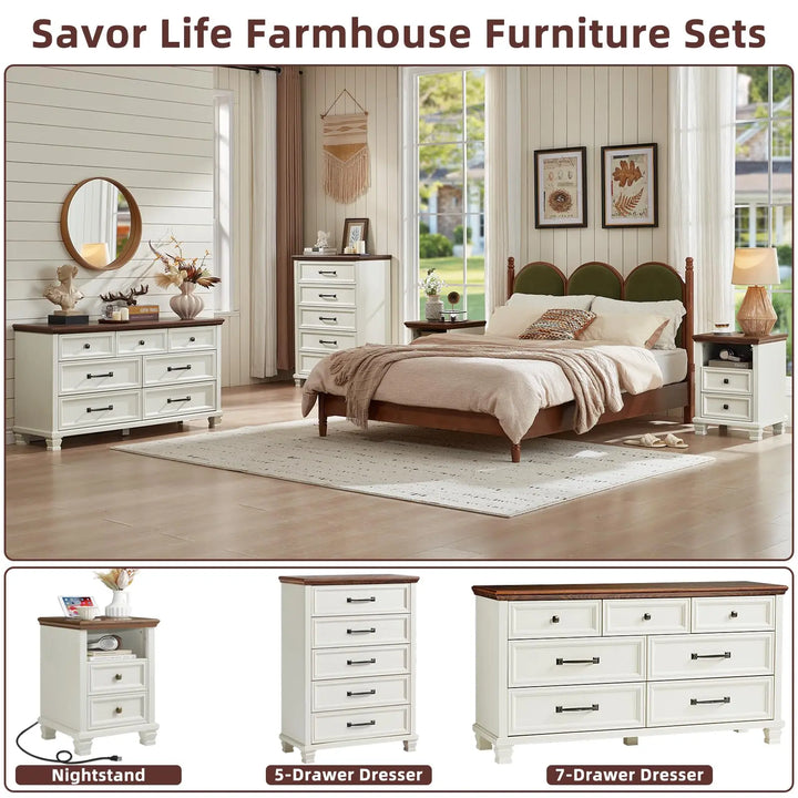 SAVOR LIFE Farmhouse Side Table with Charging Station, White 