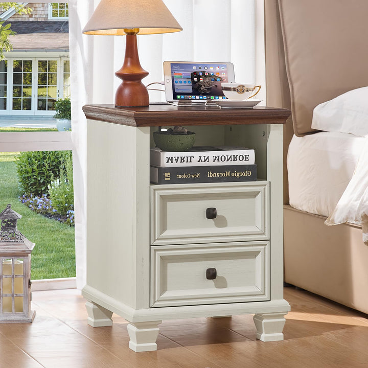 SAVOR LIFE Farmhouse Side Table with Charging Station, White 