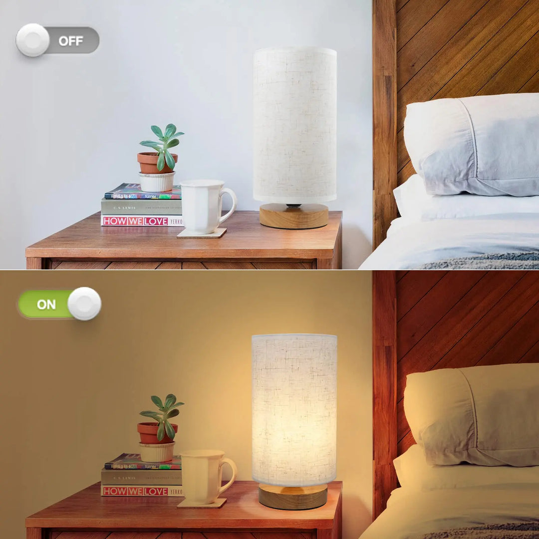 Small Bedside Night Table Lamp for Bedroom, Minimalist Nightstand Lamp with Round Fabric Linen Shade, Study Reading Desk Lamp for Kids Room, Living Room, College Dorm, Home, Office 