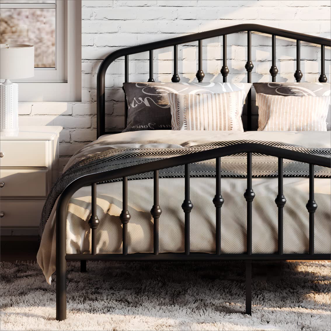 SHA CERLIN Queen Metal Bed Frame with Wrought Iron-Art Headboard, Black 