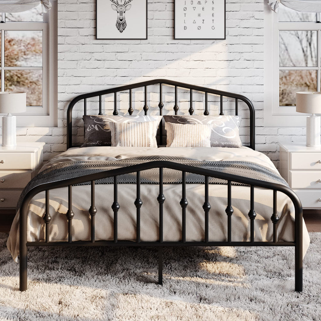 SHA CERLIN Queen Metal Bed Frame with Wrought Iron-Art Headboard, Black 