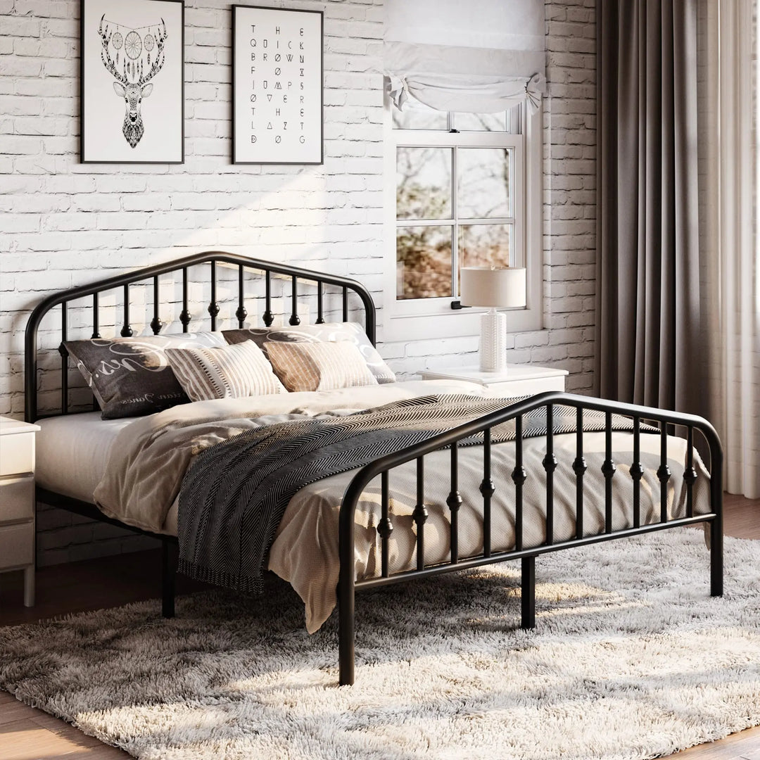 SHA CERLIN Queen Metal Bed Frame with Wrought Iron-Art Headboard, Black 