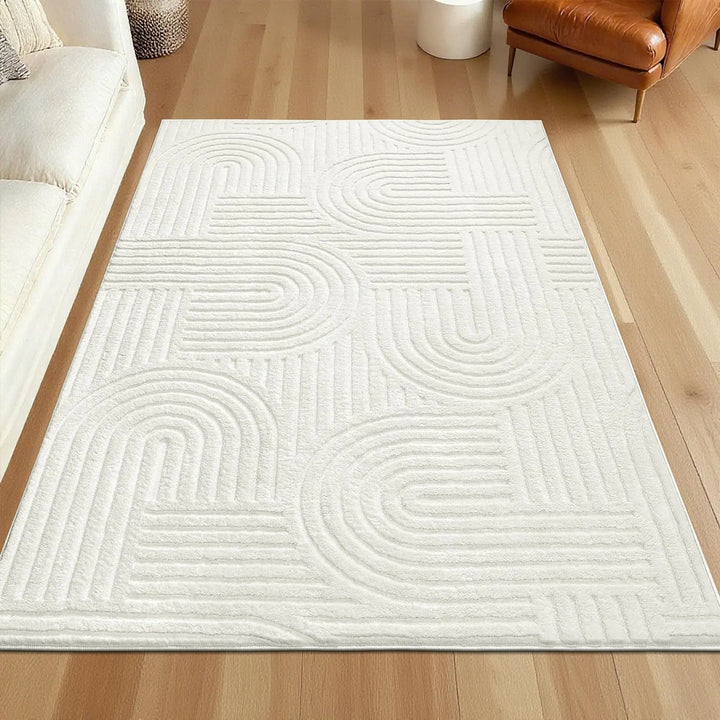SHACOS Soft Cozy Fluffy Arch Pattern High Low Pile Rugs 5'x7' Non Slip Washable Scandinavian Minimalist Rug Modern Geometric Arc Carpet for Living Room Bedroom Dining Room, Cream White
