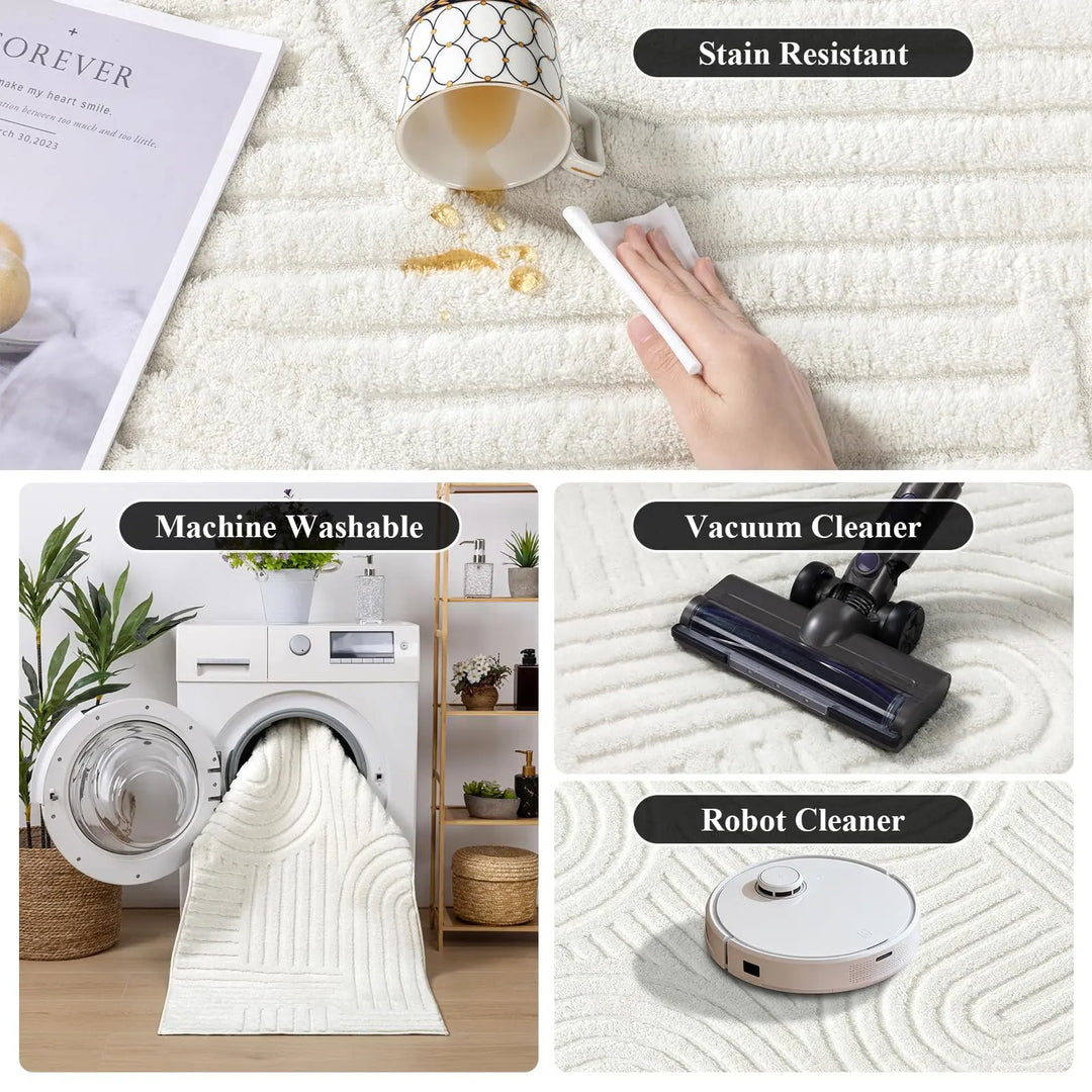 SHACOS Soft Cozy Fluffy Arch Pattern High Low Pile Rugs 5'x7' Non Slip Washable Scandinavian Minimalist Rug Modern Geometric Arc Carpet for Living Room Bedroom Dining Room, Cream White