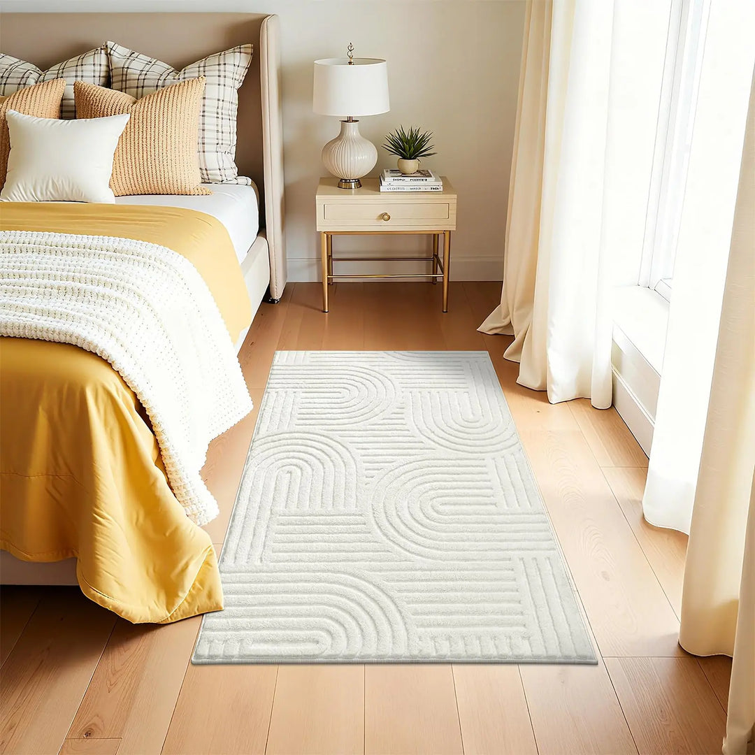 SHACOS Soft Cozy Fluffy Arch Pattern High Low Pile Rugs 5'x7' Non Slip Washable Scandinavian Minimalist Rug Modern Geometric Arc Carpet for Living Room Bedroom Dining Room, Cream White
