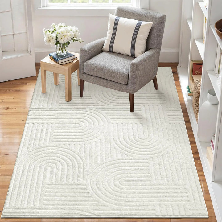 SHACOS Soft Cozy Fluffy Arch Pattern High Low Pile Rugs 5'x7' Non Slip Washable Scandinavian Minimalist Rug Modern Geometric Arc Carpet for Living Room Bedroom Dining Room, Cream White