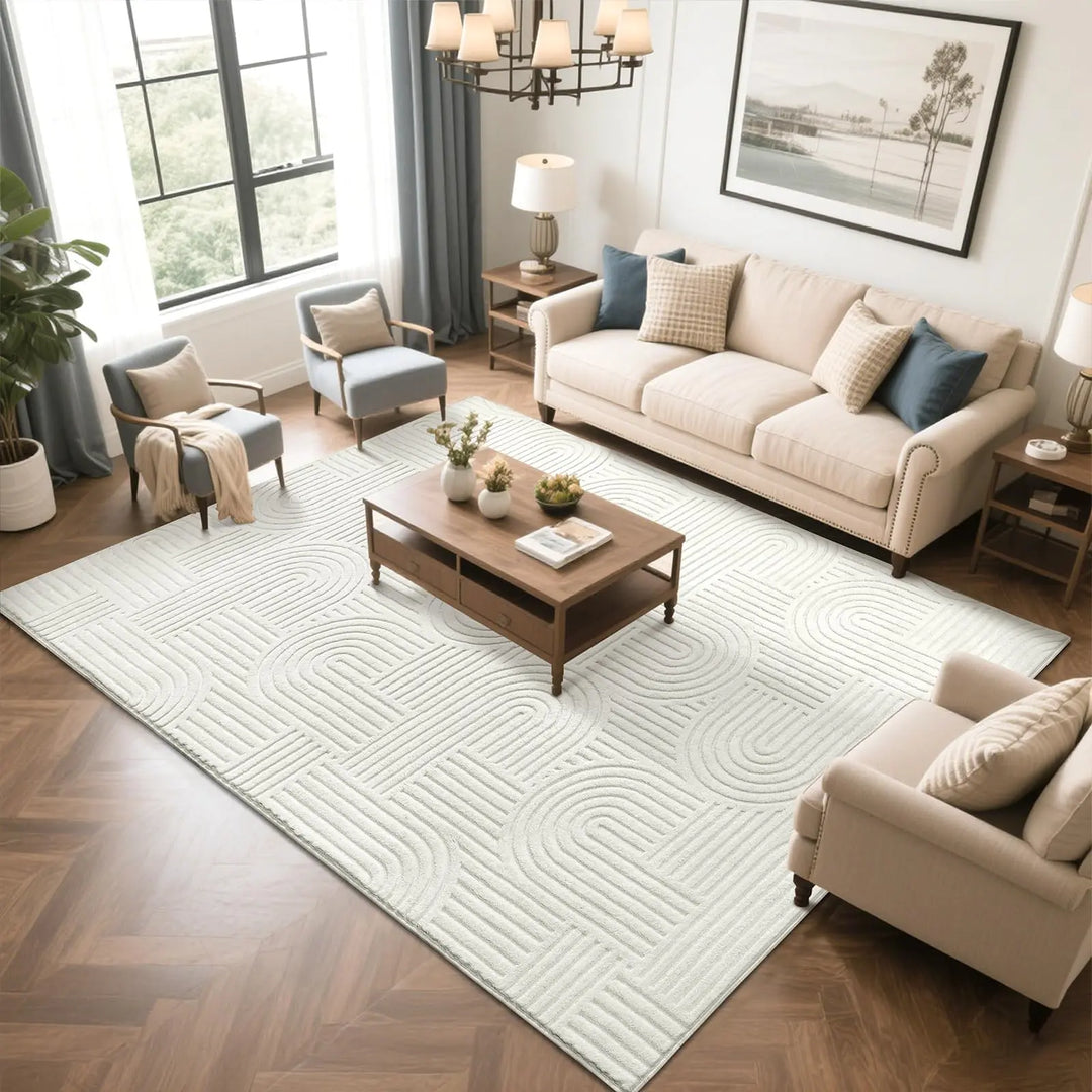 SHACOS Soft Cozy Fluffy Arch Pattern High Low Pile Rugs 5'x7' Non Slip Washable Scandinavian Minimalist Rug Modern Geometric Arc Carpet for Living Room Bedroom Dining Room, Cream White