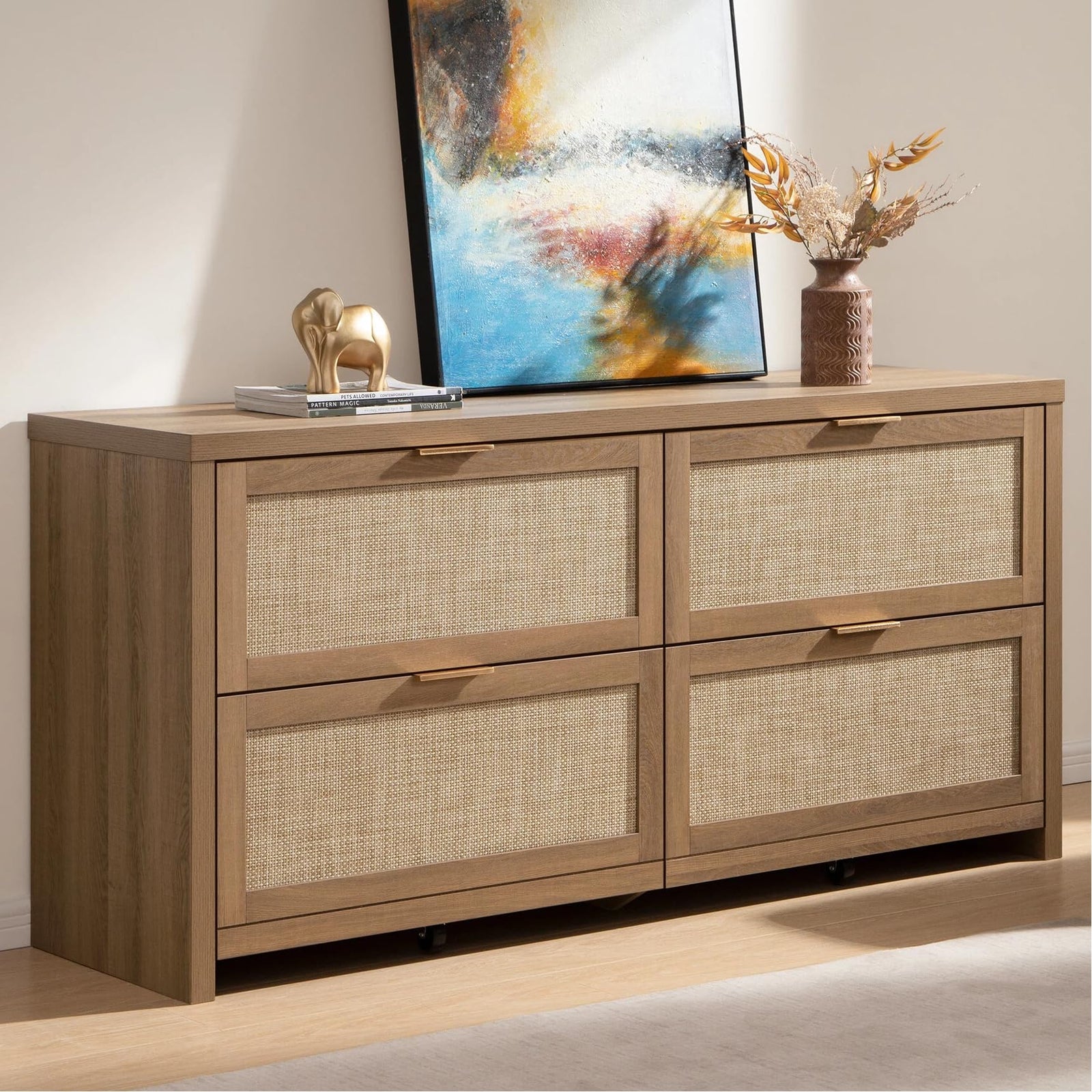 SICOTAS 60.8" Dresser for Bedroom, Rattan Boho Dresser with 4 Deep Drawers 