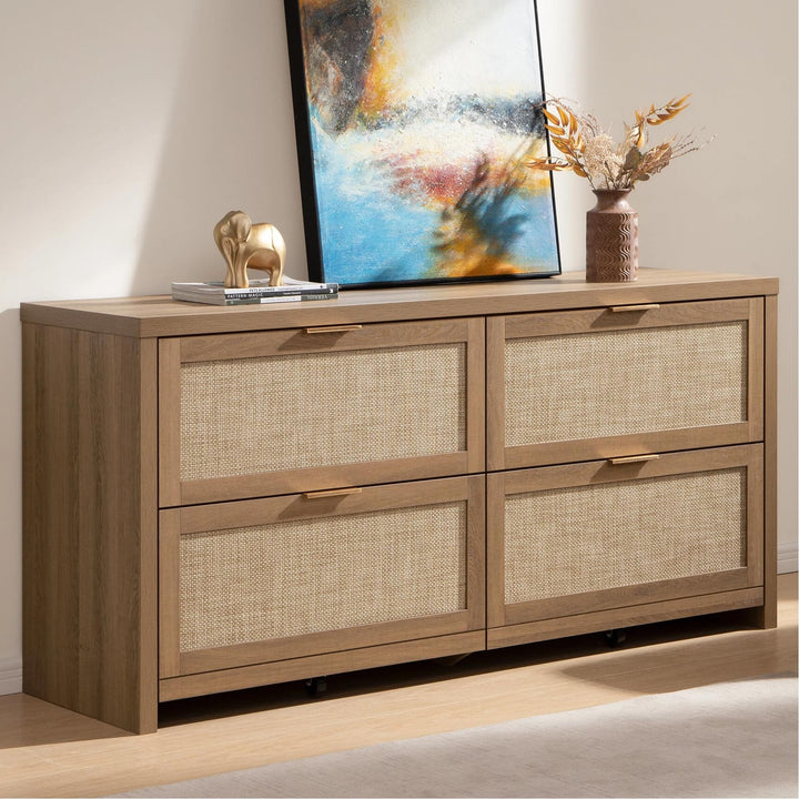 SICOTAS 60.8" Dresser for Bedroom, Rattan Boho Dresser with 4 Deep Drawers 
