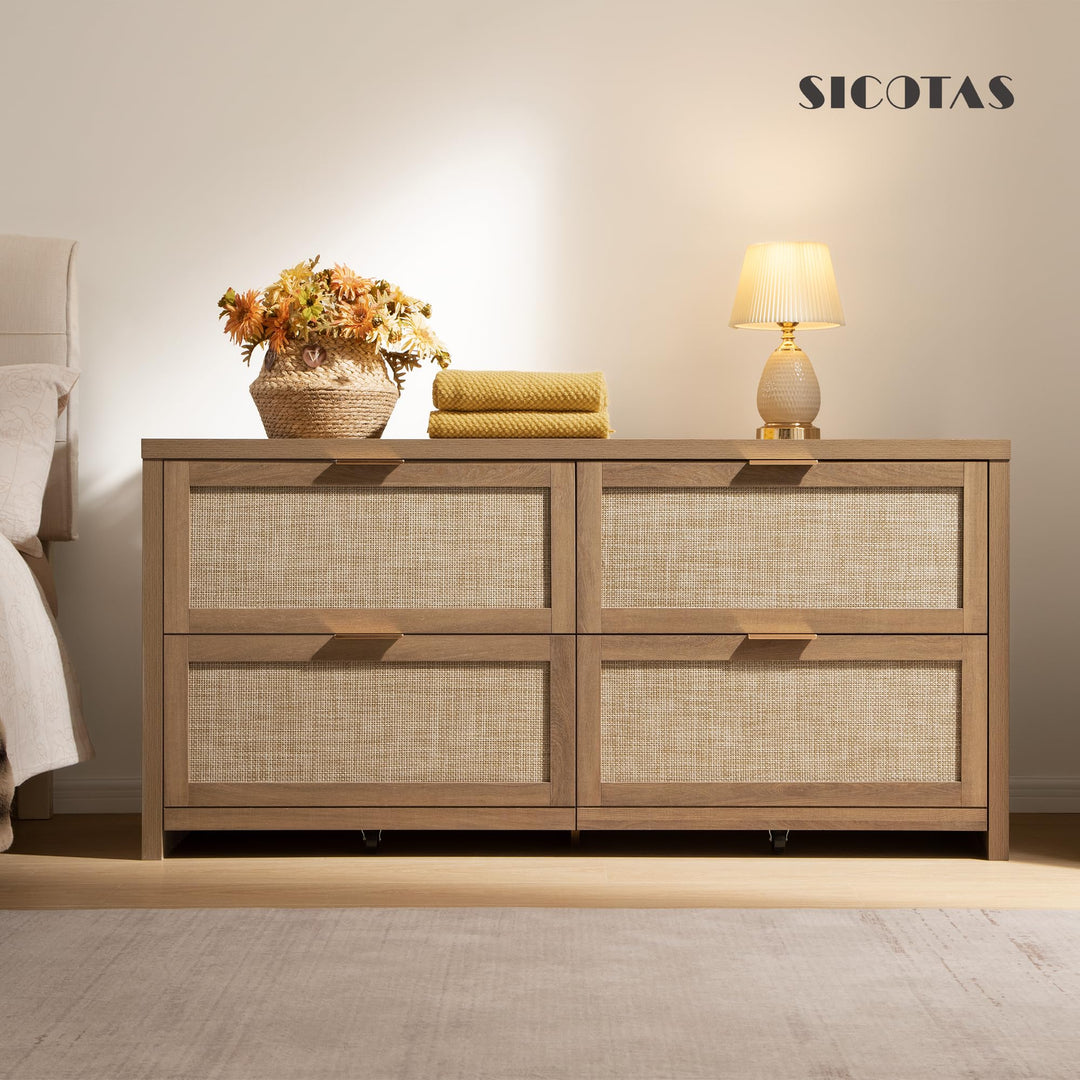 SICOTAS 60.8" Dresser for Bedroom, Rattan Boho Dresser with 4 Deep Drawers 